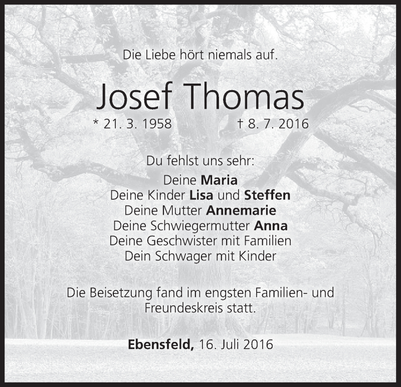  Traueranzeige für Josef Thomas vom 16.07.2016 aus MGO