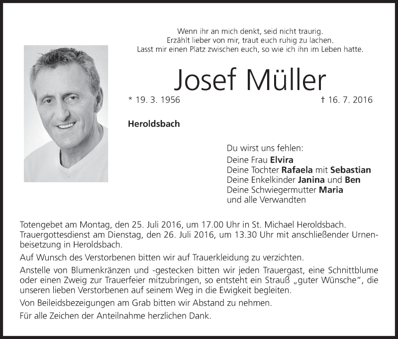  Traueranzeige für Josef Müller vom 21.07.2016 aus MGO