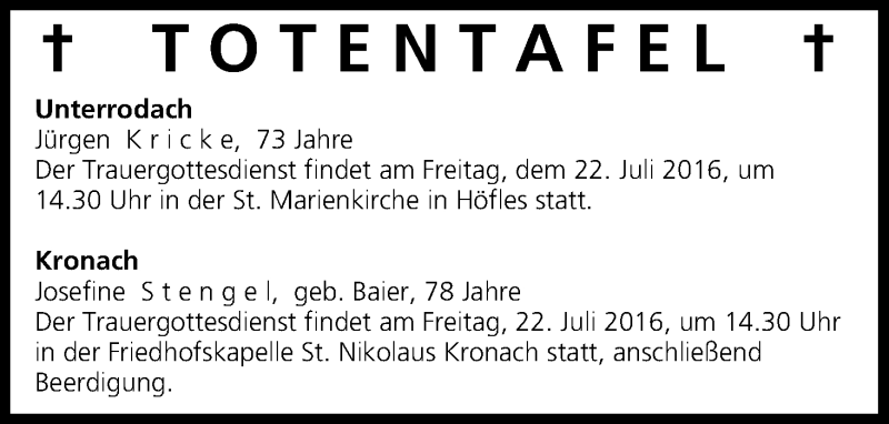  Traueranzeige für Totentafel vom 22.07.2016 vom 22.07.2016 aus MGO