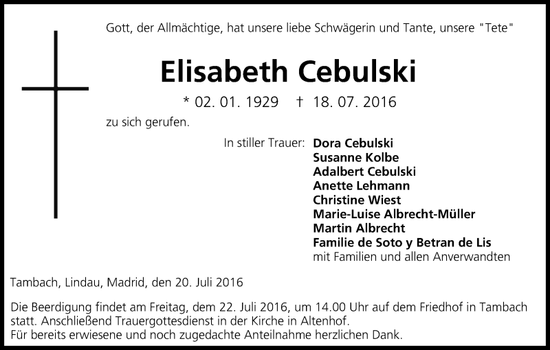  Traueranzeige für Elisabeth Cebulski vom 20.07.2016 aus MGO