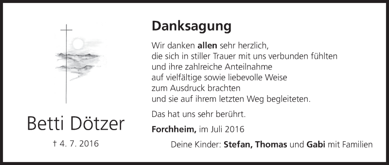  Traueranzeige für Betti Dötzer vom 23.07.2016 aus MGO