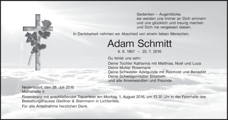  Traueranzeige für Adam Schmitt vom 28.07.2016 aus MGO