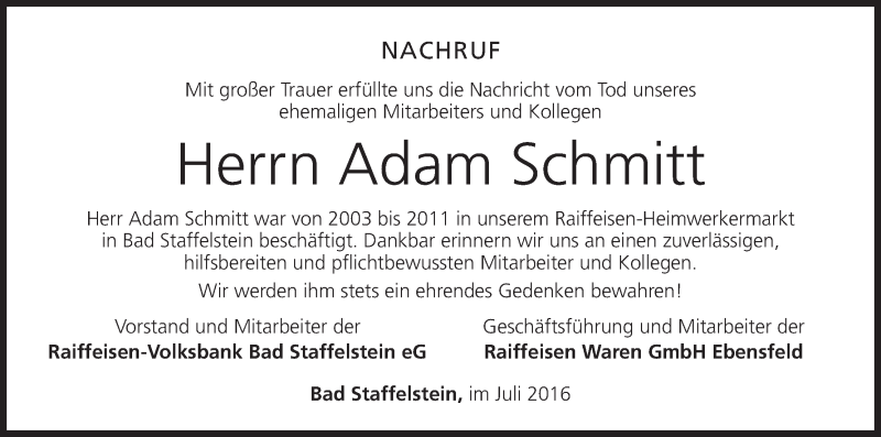  Traueranzeige für Adam Schmitt vom 26.07.2016 aus MGO