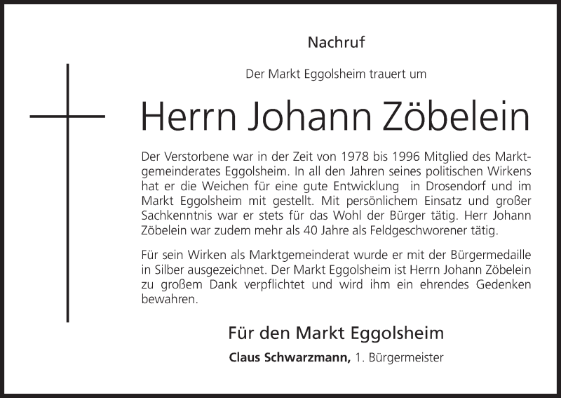  Traueranzeige für Johann Zöbelein vom 20.07.2016 aus MGO
