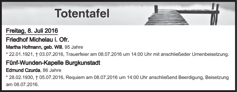  Traueranzeige für Totentafel vom 08.07.2016 vom 08.07.2016 aus MGO