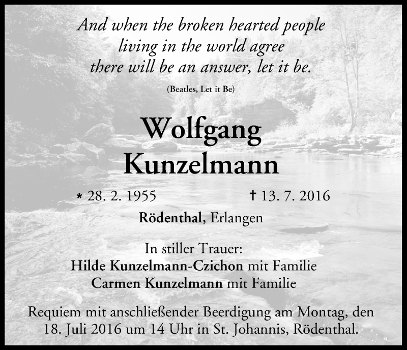  Traueranzeige für Wolfgang Kunzelmann vom 15.07.2016 aus MGO