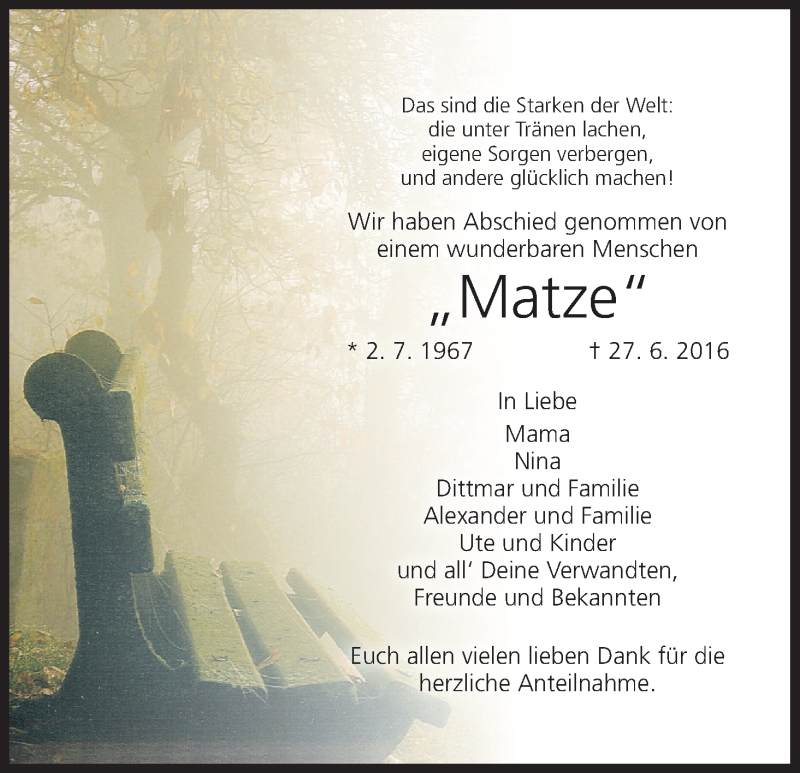  Traueranzeige für Matze  vom 16.07.2016 aus MGO