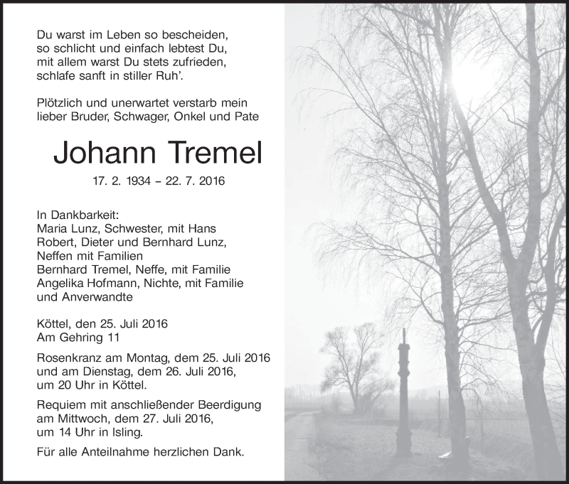  Traueranzeige für Johann Tremel vom 25.07.2016 aus MGO