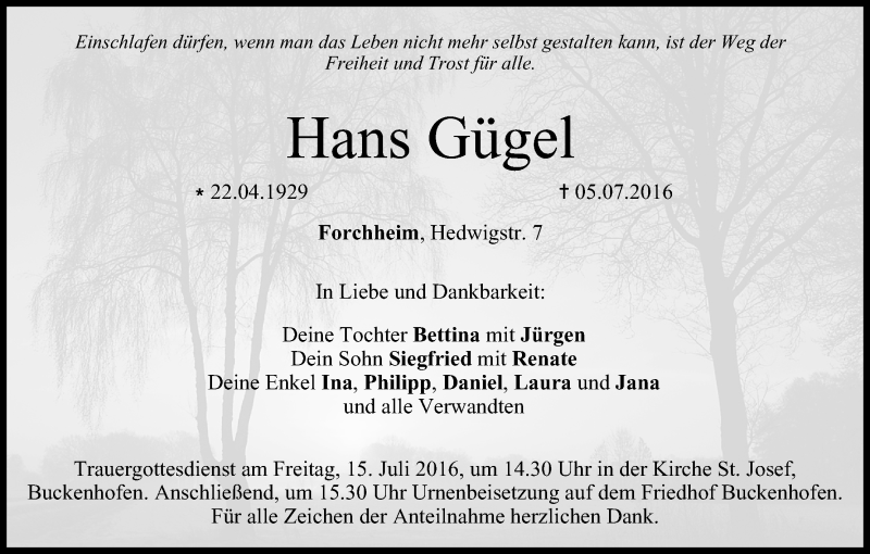  Traueranzeige für Hans Gügel vom 13.07.2016 aus MGO