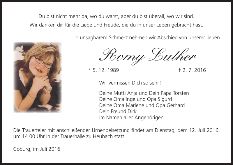  Traueranzeige für Romy Luther vom 06.07.2016 aus MGO
