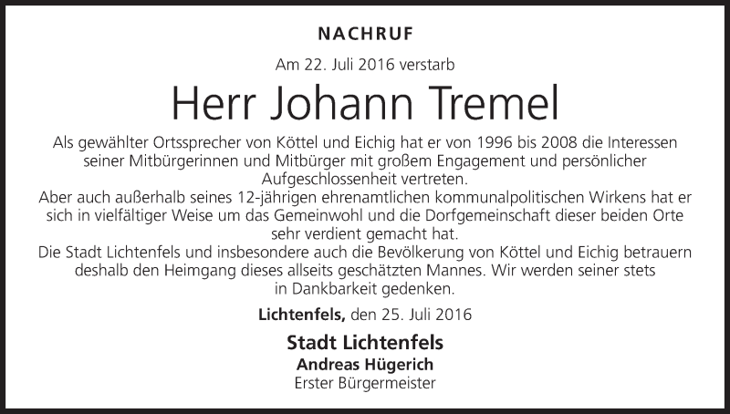  Traueranzeige für Johann Tremel vom 27.07.2016 aus MGO