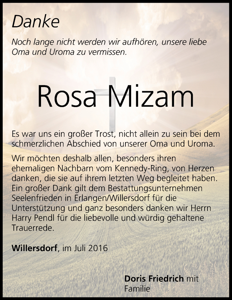  Traueranzeige für Rosa Mizam vom 02.07.2016 aus MGO