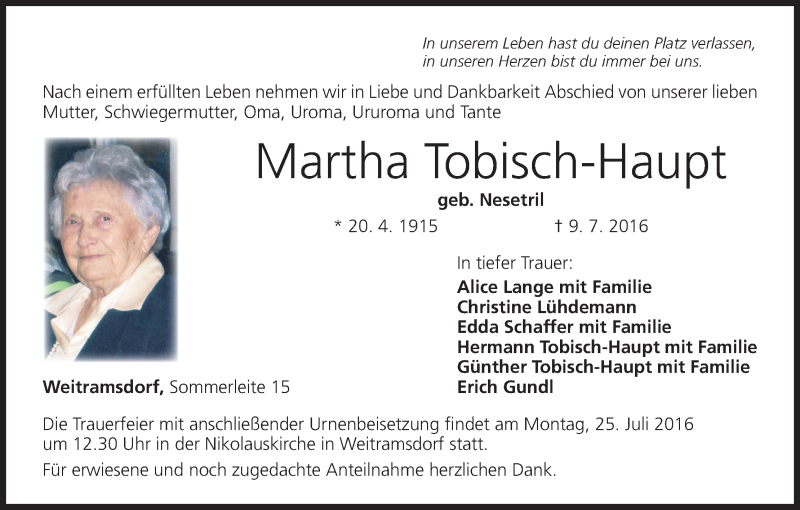  Traueranzeige für Martha Tobisch-Haupt vom 21.07.2016 aus MGO