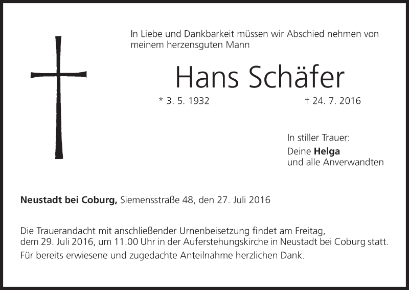 Traueranzeige für Hans Schäfer vom 27.07.2016 aus MGO