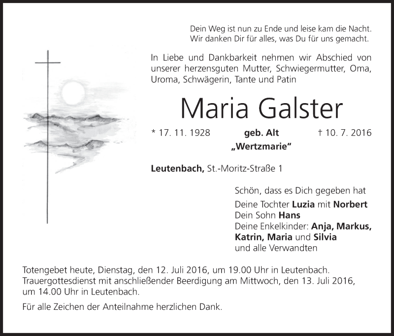  Traueranzeige für Maria Galster vom 12.07.2016 aus MGO