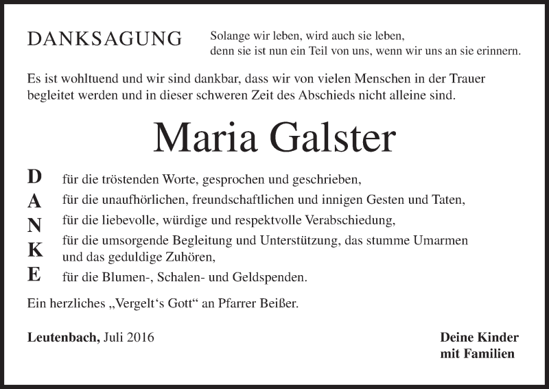  Traueranzeige für Maria Galster vom 23.07.2016 aus MGO