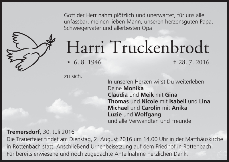  Traueranzeige für Harri Truckenbrodt vom 30.07.2016 aus MGO