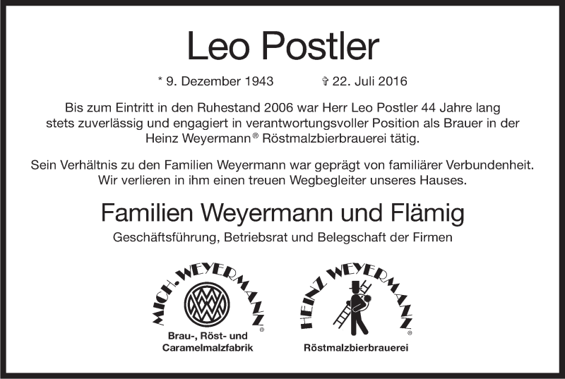  Traueranzeige für Leo Postler vom 26.07.2016 aus MGO