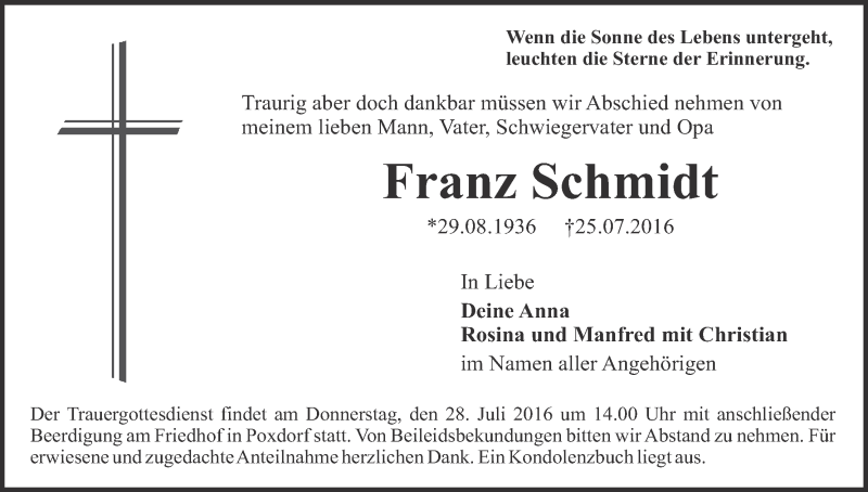  Traueranzeige für Franz Schmidt vom 26.07.2016 aus MGO