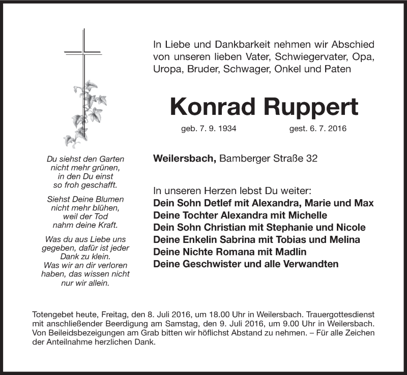  Traueranzeige für Konrad Ruppert vom 08.07.2016 aus MGO