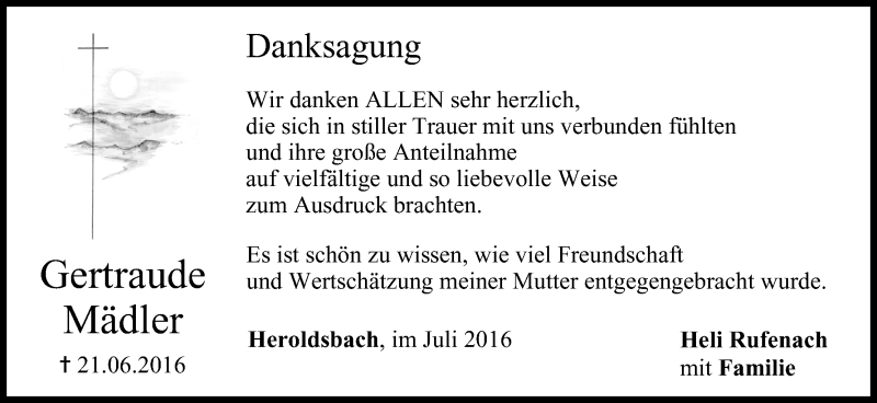  Traueranzeige für Gertraude Mädler vom 16.07.2016 aus MGO