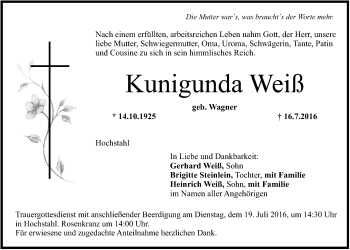 Anzeige von Kunigunda Weiß von MGO