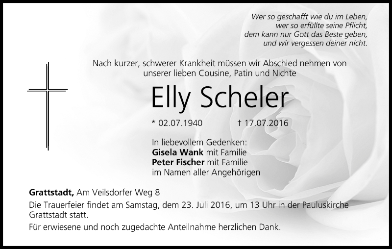  Traueranzeige für Elly Scheler vom 20.07.2016 aus MGO