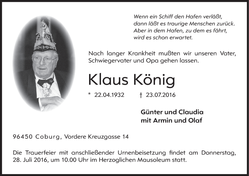  Traueranzeige für Klaus König vom 26.07.2016 aus MGO