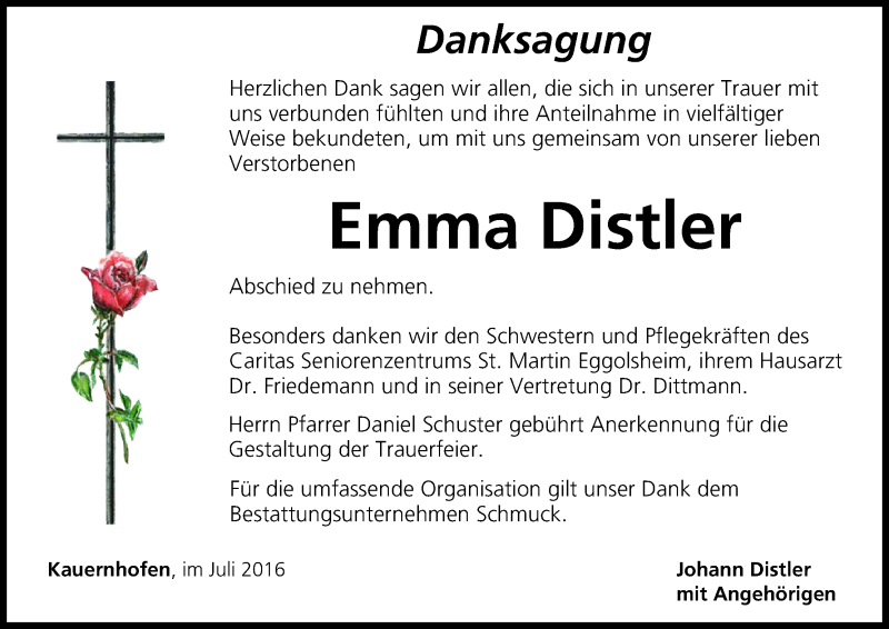  Traueranzeige für Emma Distler vom 20.07.2016 aus MGO