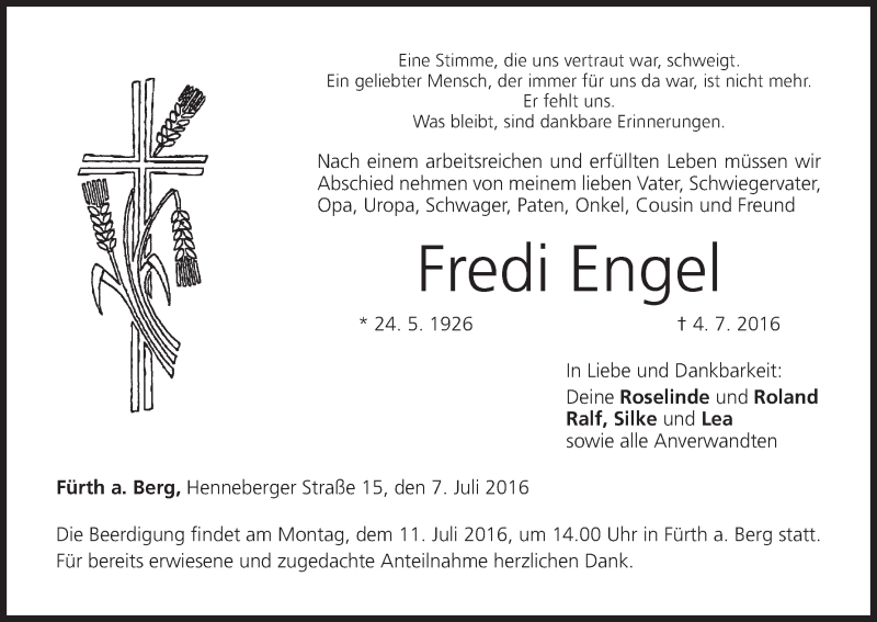  Traueranzeige für Fredi Engel vom 07.07.2016 aus MGO