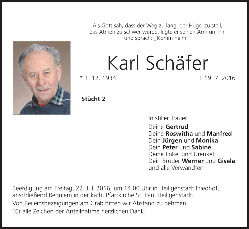  Traueranzeige für Karl Schäfer vom 21.07.2016 aus MGO