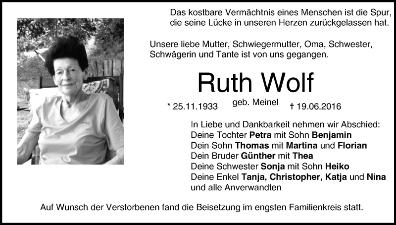  Traueranzeige für Ruth Wolf vom 09.07.2016 aus MGO
