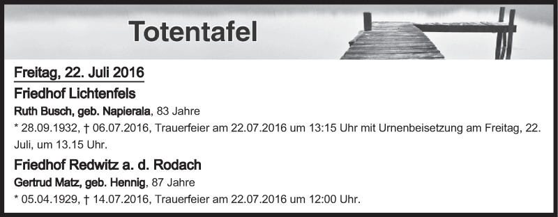  Traueranzeige für Totentafel vom 22.07.2016 vom 22.07.2016 aus MGO