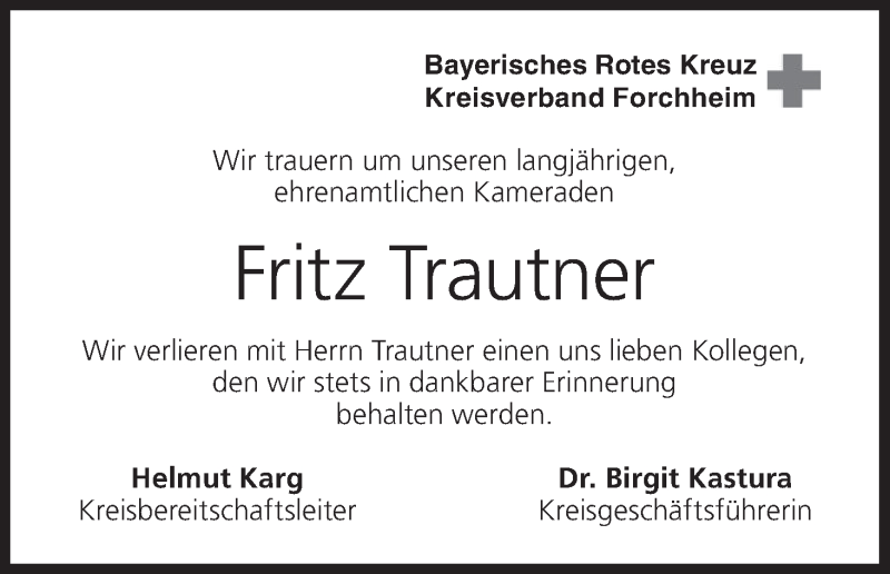  Traueranzeige für Fritz Trautner vom 23.07.2016 aus MGO