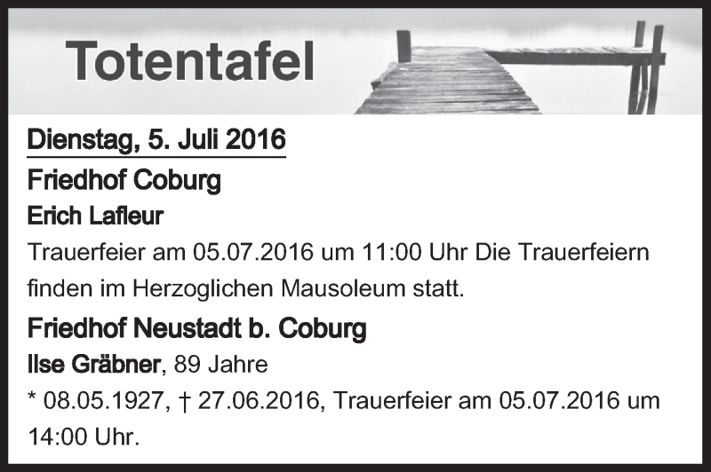  Traueranzeige für Totentafel vom 05.07.2016 vom 05.07.2016 aus MGO