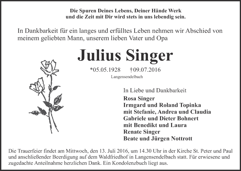  Traueranzeige für Julius Singer vom 12.07.2016 aus MGO