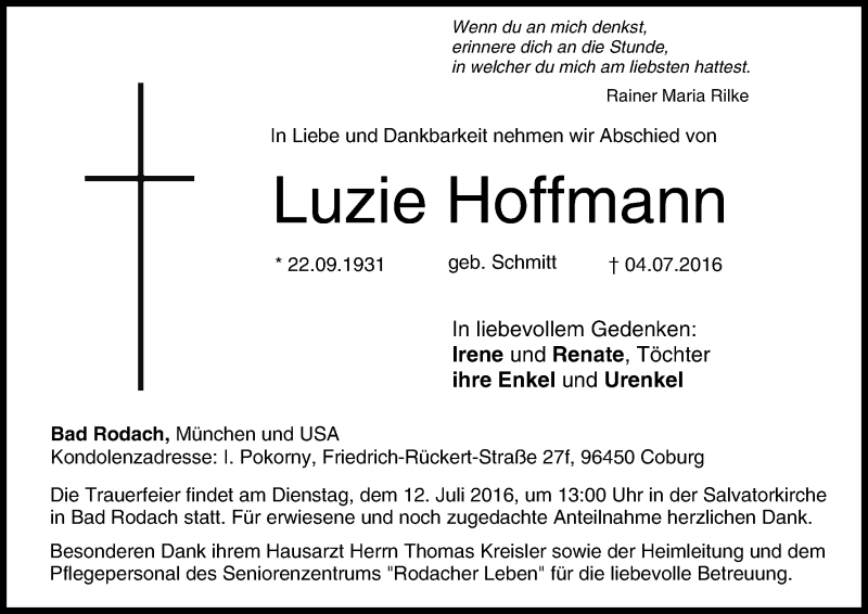  Traueranzeige für Luzie Hoffmann vom 09.07.2016 aus MGO