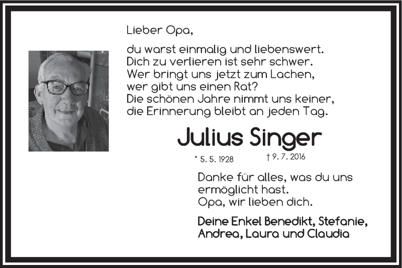  Traueranzeige für Julius Singer vom 12.07.2016 aus MGO