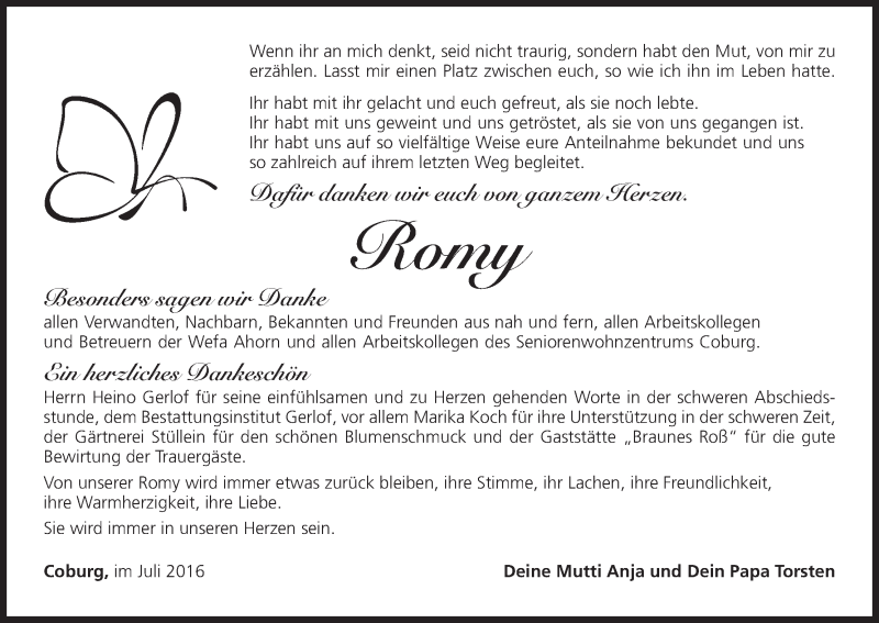  Traueranzeige für Romy  vom 16.07.2016 aus MGO
