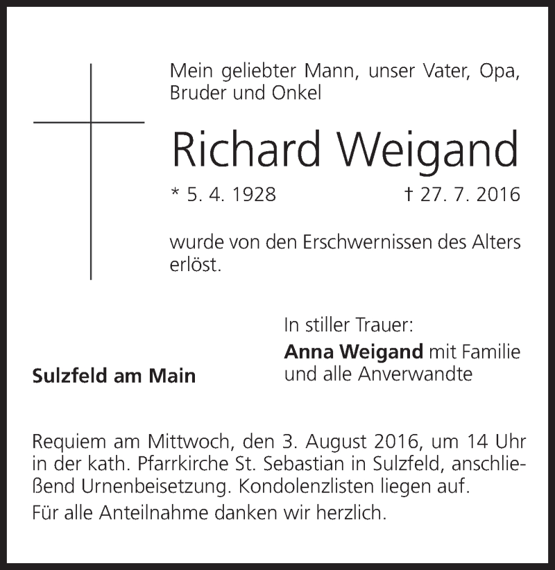  Traueranzeige für Richard Weigand vom 30.07.2016 aus MGO