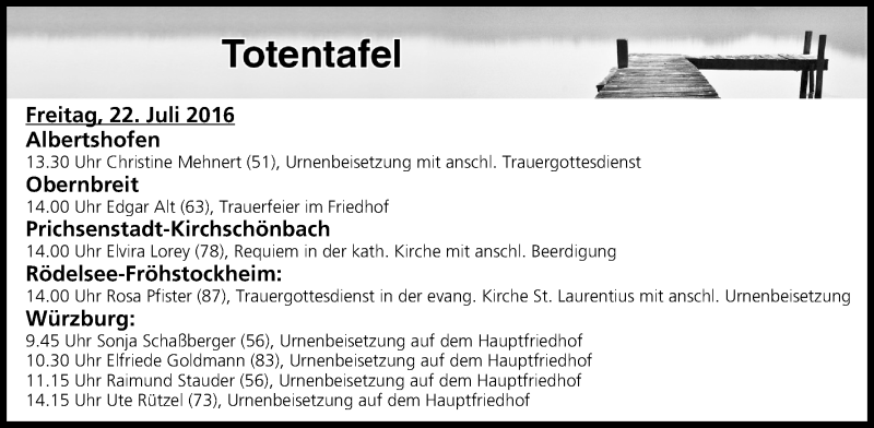  Traueranzeige für Totentafel vom 22.07.2016 vom 22.07.2016 aus MGO