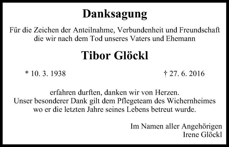  Traueranzeige für Tibor Glöckl vom 18.07.2016 aus MGO