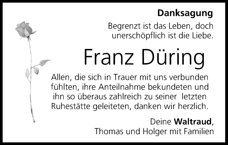  Traueranzeige für Franz Düring vom 09.07.2016 aus MGO