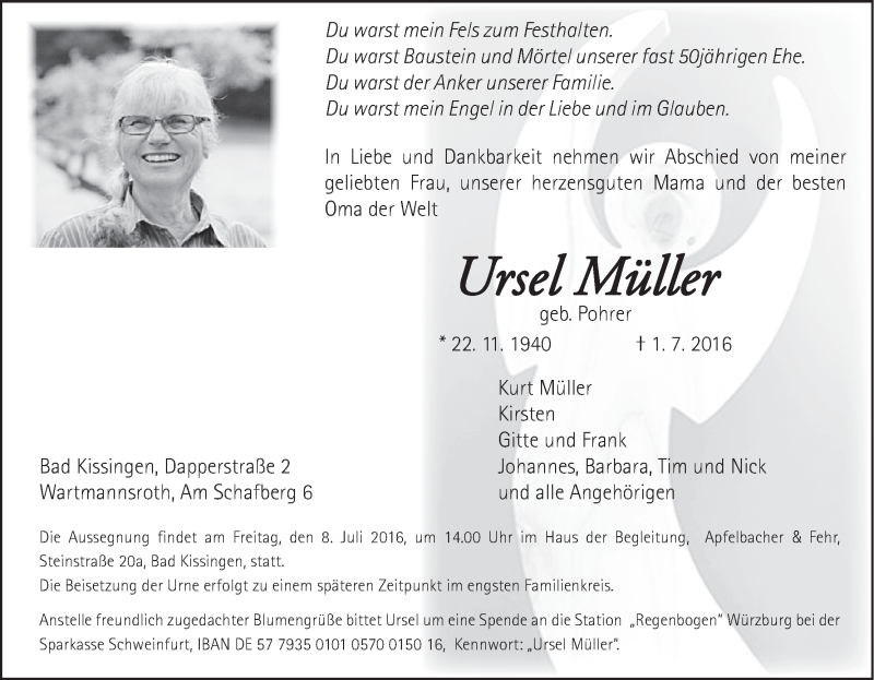 Traueranzeige für Ursel Müller vom 05.07.2016 aus MGO