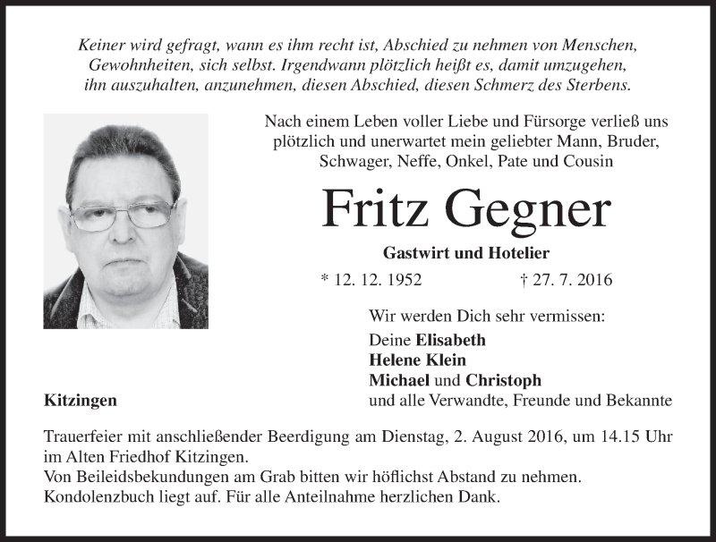  Traueranzeige für Fritz Gegner vom 30.07.2016 aus MGO