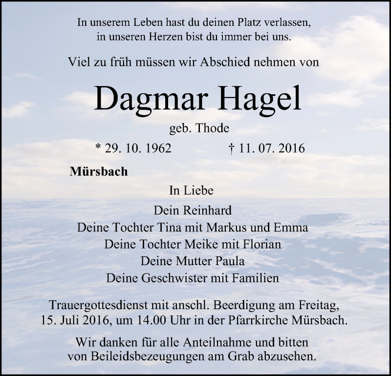  Traueranzeige für Dagmar Hagel vom 13.07.2016 aus MGO