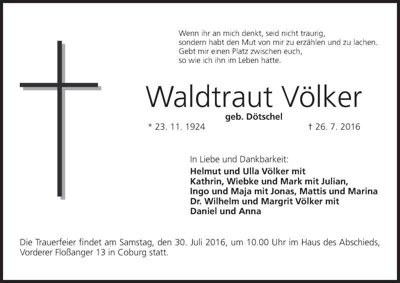  Traueranzeige für Waldtraut Völker vom 28.07.2016 aus MGO