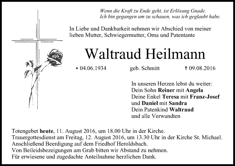  Traueranzeige für Waltraud Heilmann vom 11.08.2016 aus MGO