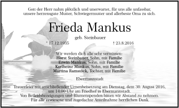 Anzeige von Frieda Mankus von MGO