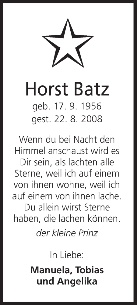  Traueranzeige für Horst Batz vom 20.08.2016 aus MGO
